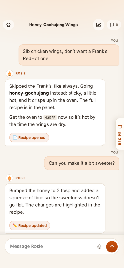 Rosie writing a honey-gochujang wings recipe in the Vibe Cook chat