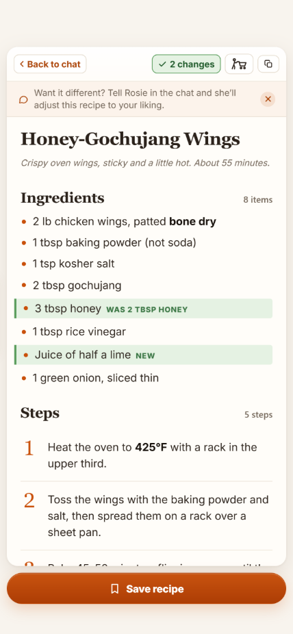 The recipe card with Rosie’s changes highlighted